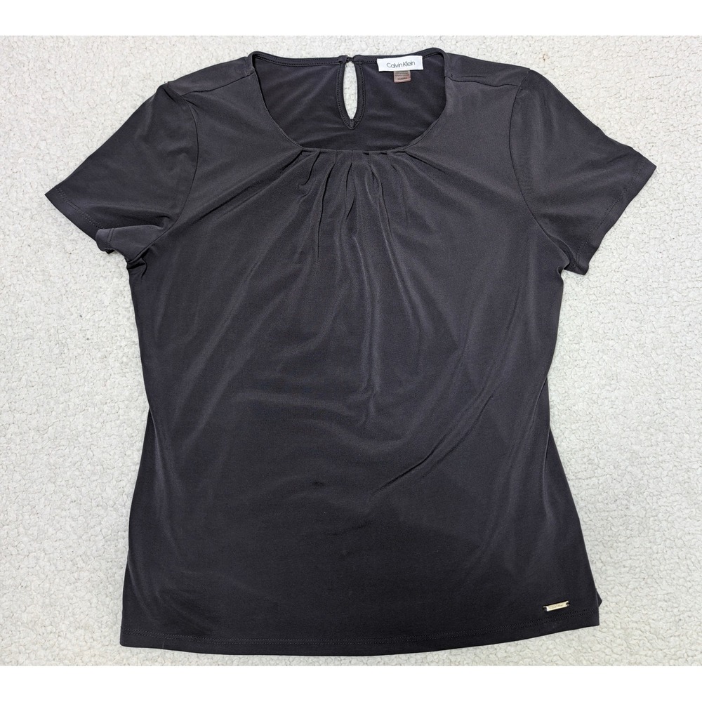 Calvin Klein Womens M Gray Pleated Neck Keyhole Back Short Sleeve Blouse